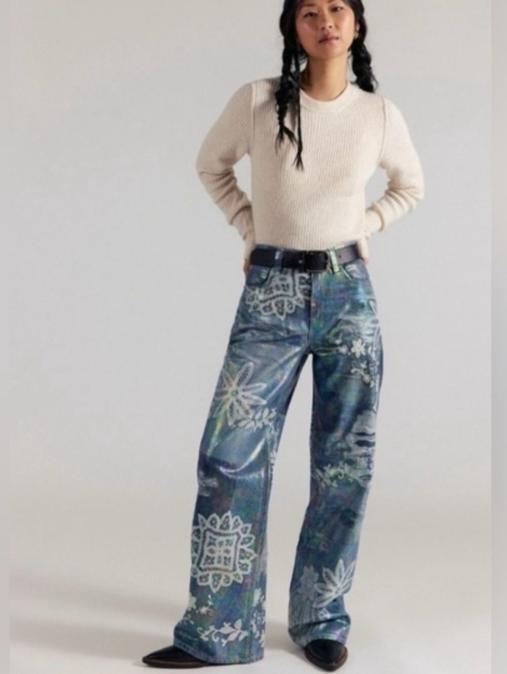 NWT Free People Tinsley Blue Floral High-Rise Printed Jeans